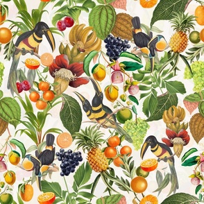 vintage tropical parrots, antique exotic toucan birds, green Leaves and nostalgic colorful fruits and  berries,   toucan bird, Tropical parrot fabric, - off white  double layer Fabric