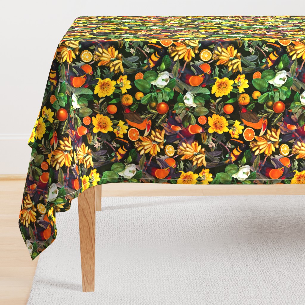 vintage tropical parrots, exotic antique toucan birds, green Leaves and colorful nostalgic fruits and  berries,   toucan bird, Tropical parrot fabric, - black double layer - higher contrastFabric