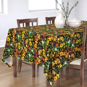 vintage tropical parrots, exotic antique toucan birds, green Leaves and colorful nostalgic fruits and  berries,   toucan bird, Tropical parrot fabric, - black double layer - higher contrastFabric