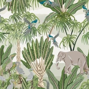 Boho Green Jungle with Elephants, herons and parrots 