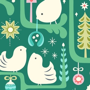 Festive Christmas birds in decorative tree in green large