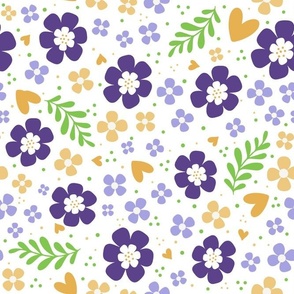 Large Scale Purple and Gold Fun Flowers on White