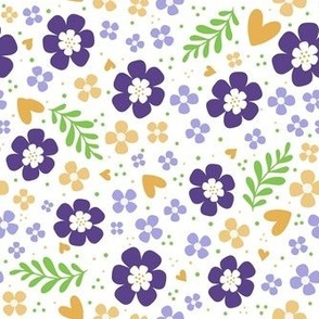 Medium Scale Purple and Gold Fun Flowers on White
