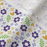 Small Scale Purple and Gold Fun Flowers on White