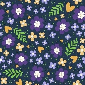 Medium Scale Purple and Gold Fun Flowers on Navy