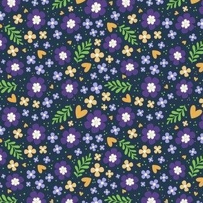 Small Scale Purple and Gold Fun Flowers on Navy