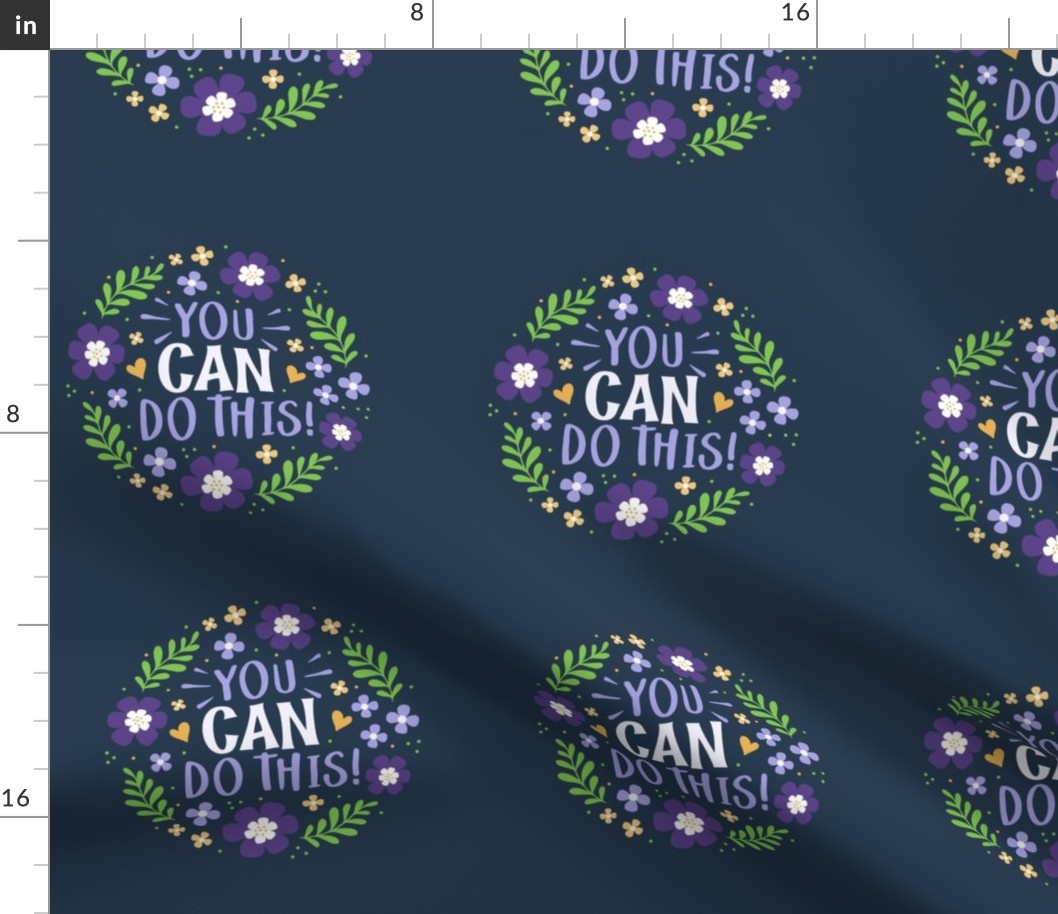 6" Circle Panel You Can Do This Motivational Purple and Gold Fun Flowers on Navy for Quilt Square Potholder or Embroidery Hoop