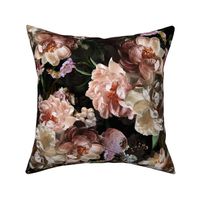 Victorian Era Dark Lush Bold Moody Gothic Floral- Vintage Real Flowers -  Antiqued Roses Peonies And Leaves - antique black double layer