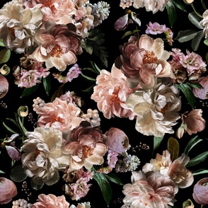Victorian Era Dark Lush Florals- VIntage Real Flowers - Antique Dark Moody Floral Roses Peonies And Leaves - black 