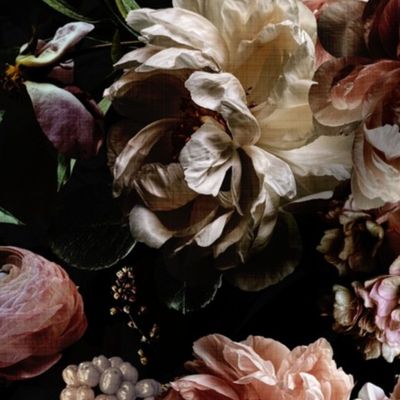 Victorian Era Dark Lush Florals- VIntage Real Flowers - Antique Roses Peonies And Leaves - linen texture black double layer