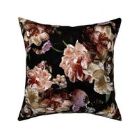Victorian Era Dark Lush Florals- VIntage Real Flowers - Antique Roses Peonies And Leaves - linen texture black double layer