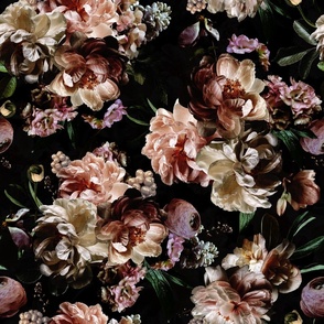 Victorian Era Dark Lush Florals- VIntage Real Flowers - Antique Roses Peonies And Leaves - linen texture black double layer