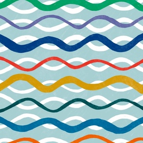 Wavy Multicolored Lines on Surfboard Blue, Small Scale