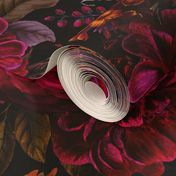 Vintage Summer Romanticism: Maximalism Moody Florals - Antiqued burgundy Roses and Nostalgic Gothic Mystic Night 4- Antique Botany Wallpaper and Victorian Goth Mystic inspired black