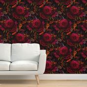 Vintage Summer Romanticism: Maximalism Moody Florals - Antiqued burgundy Roses and Nostalgic Gothic Mystic Night 4- Antique Botany Wallpaper and Victorian Goth Mystic inspired black