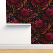 Vintage Summer Romanticism: Maximalism Moody Florals - Antiqued burgundy Roses and Nostalgic Gothic Mystic Night 4- Antique Botany Wallpaper and Victorian Goth Mystic inspired black