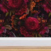 Vintage Summer Romanticism: Maximalism Moody Florals - Antiqued burgundy Roses and Nostalgic Gothic Mystic Night 4- Antique Botany Wallpaper and Victorian Goth Mystic inspired black