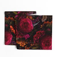 Vintage Summer Romanticism: Maximalism Moody Florals - Antiqued burgundy Roses and Nostalgic Gothic Mystic Night 4- Antique Botany Wallpaper and Victorian Goth Mystic inspired black