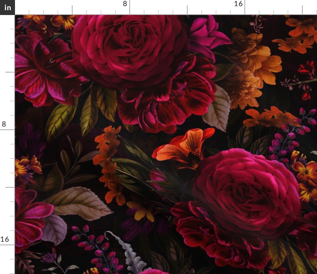 Vintage Summer Romanticism: Maximalism Moody Florals - Antiqued burgundy Roses and Nostalgic Gothic Mystic Night 4- Antique Botany Wallpaper and Victorian Goth Mystic inspired black