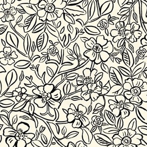 Painted Floral Line Work Black and Cream - M