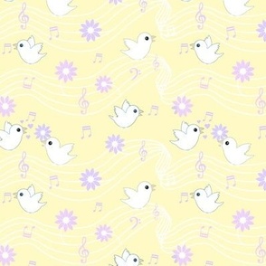Musical birdies and lilac daisies on lemon yellow