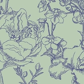 Victorian Florals Illustration - Sage and Navy - Large