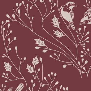 Damask with birds and flowers on burgundy - large scale