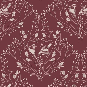 Damask with birds and flowers on burgundy  - medium scale