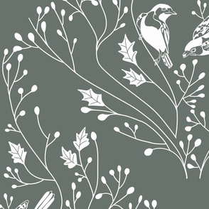 Damask with birds and flowers on succulent green - large scale