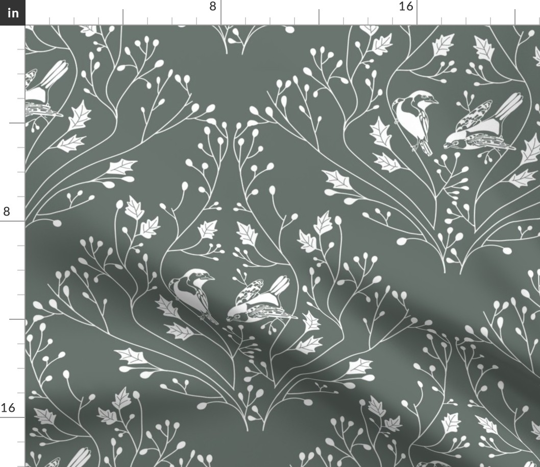 Damask with birds and flowers on green - medium scale