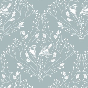 Damask with birds and flowers on winterly blue - medium scale