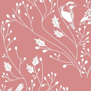 Damask with birds and flowers on pink - large scale