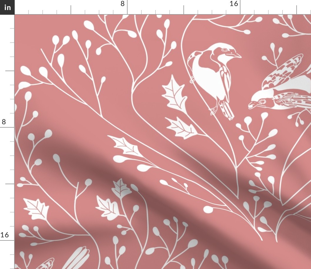 Damask with birds and flowers on pink - large scale