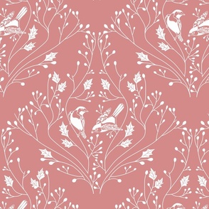 Damask with birds and flowers on pink - medium scale
