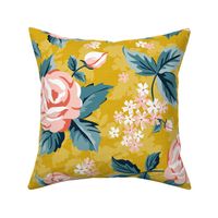 Romantic Roses - Vintage Floral Yellow Pink Large Scale