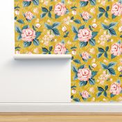 Romantic Roses - Vintage Floral Yellow Pink Large Scale