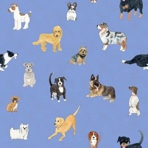 Watercolor Dogs on Blue Denim 