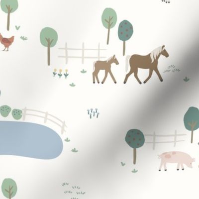 XL Hand-Drawn Farm Animals Barn Toile