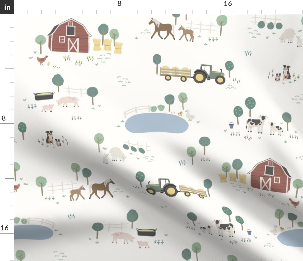 XL Hand-Drawn Farm Animals Barn Toile