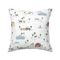 Hand-Drawn Farm Animals Barn Toile on White