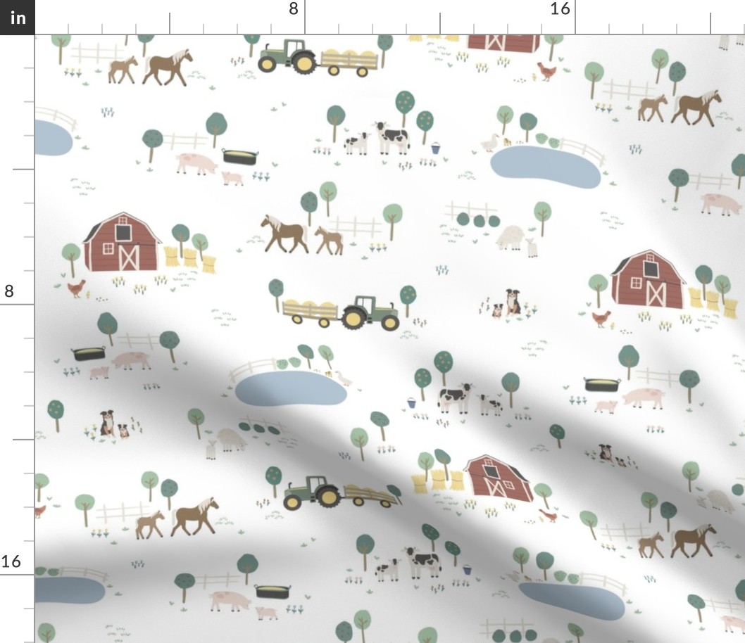 Hand-Drawn Farm Animals Barn Toile on White