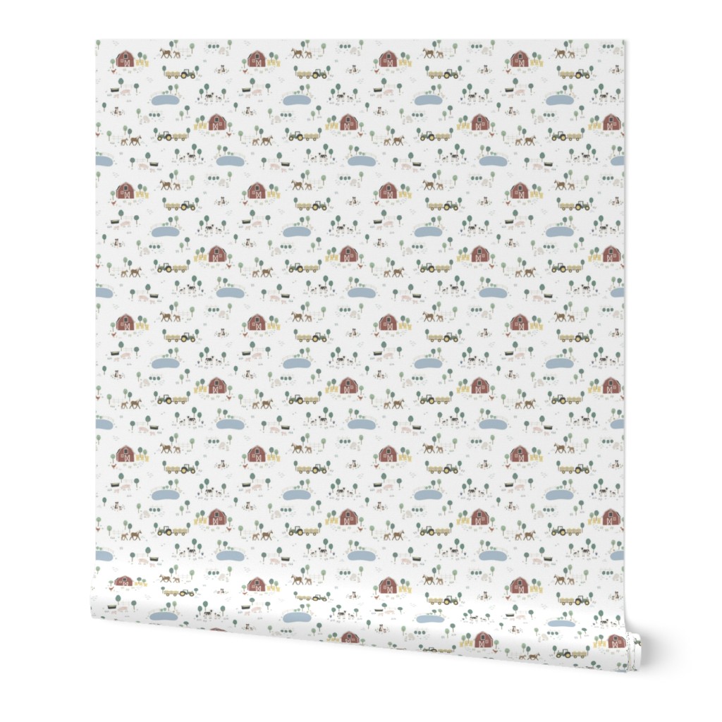 Small Hand-Drawn Farm Animals Barn Toile on White