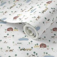 Small Hand-Drawn Farm Animals Barn Toile on White