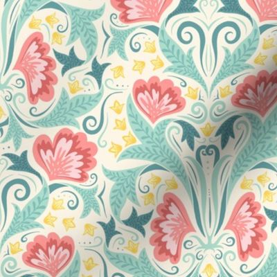  flowers, leaves and curlicues teal yellow red 12 inch (24 inch wallpaper)