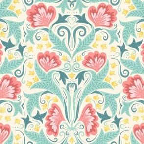  flowers, leaves and curlicues teal yellow red 12 inch (24 inch wallpaper)