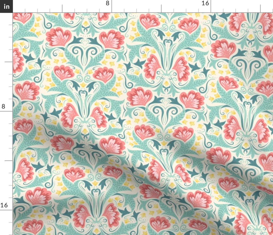  flowers, leaves and curlicues teal yellow red 12 inch (24 inch wallpaper)