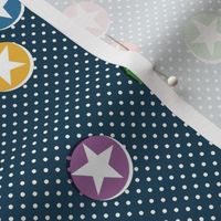 Four-Star (Rainbow Colors on Dark Blue) || retro stars on polka dots