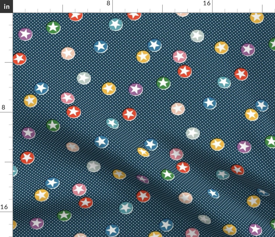 Four-Star (Rainbow Colors on Dark Blue) || retro stars on polka dots