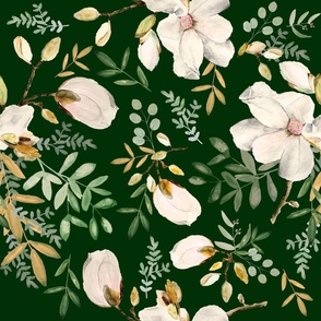 Large Forest Green / White Gold / Magnolia Flowers / Eucalyptus / Watercolor