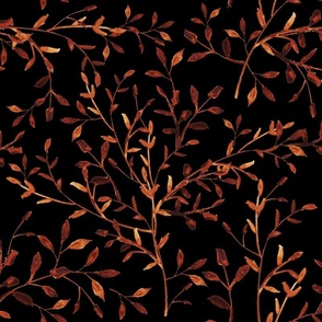 Orange Branches on Black / Watercolor Leaves / Home Decor